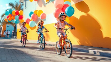A group of children riding bikes with colorful balloons in the background