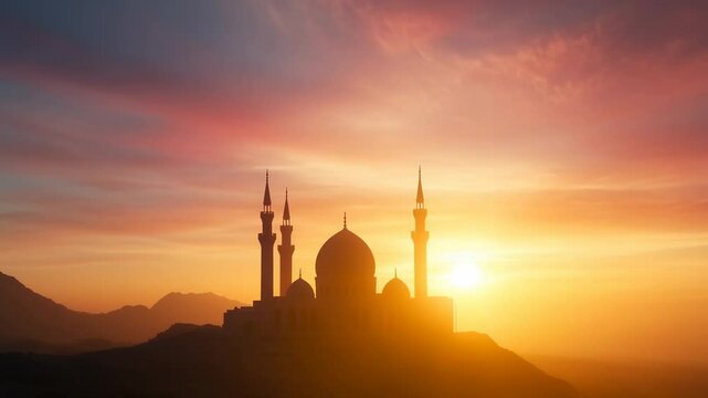 Majestic sunrise behind the silhouette of a mosque with minarets and mountains in the background