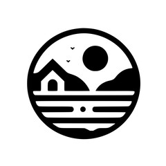 Minimal Black & White House & Nature Logo Icon: Sun, Hills, Water, Birds in Circle Emblem