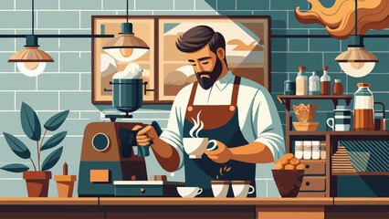 A man is making coffee in a cafe. He is wearing an apron and has a beard. There are several cups and a potted plant in the background