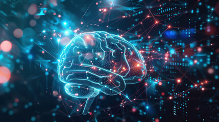 Glowing digital brain with AI network connections illustrating futuristic technology