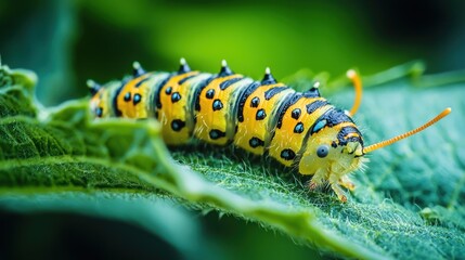 Naklejka premium A caterpillar close-up munching on a green leaf