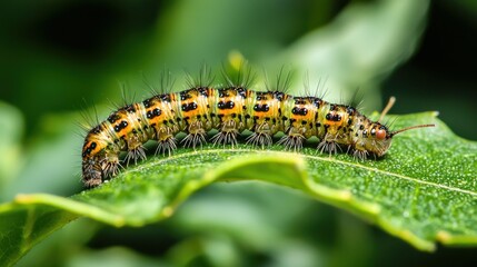 Fototapeta premium A caterpillar close-up munching on a green leaf