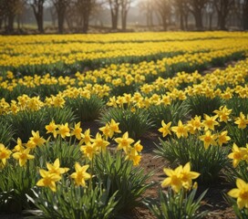 Fototapeta premium Sunlit daffodil field, vibrant yellow blooms, spring countryside, outdoor, landscape