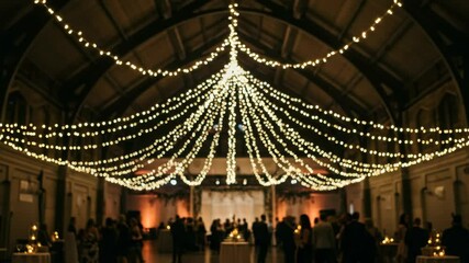 Festive String Lights in Vintage Venue - A large, high-ceilinged hall is decorated with warm-toned string lights hanging in a dramatic, upside-down V-shape.  The lights create a magical - Powered by Adobe