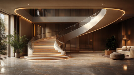 Modern Spiral Staircase in Luxury Home Interior with Balcony View