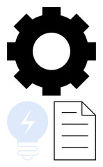 Gear highlights process optimization, light bulb symbolizes innovation or energy, and document conveys structured ideas or planning. Ideal for productivity, brainstorming, energy, innovation
