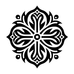 Elegant Abstract Symmetrical Geometric Floral Ornamental Motif Icon in Black and White