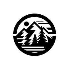 Graphic Circular Mountain & Forest Logo - Minimalist Black & White Nature Emblem for Outdoor Adventure