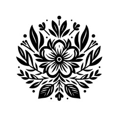Symmetrical Black & White Folk Art Floral Motif: Elegant Botanical Illustration