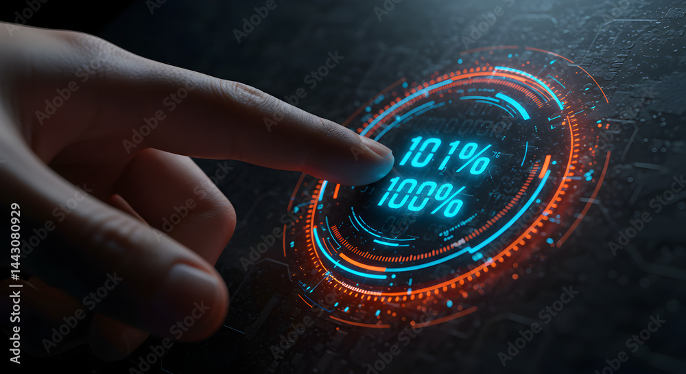 Poster hand touching futuristic glowing digital interface with numbers and pixelated design on dark backgro