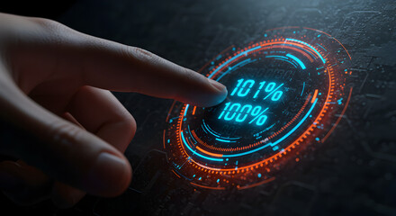 Hand Touching Futuristic Glowing Digital Interface with Numbers and Pixelated Design on Dark Background