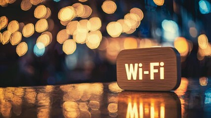 Warm glowing Wi-Fi sign on a wooden block, placed on a reflective surface with festive bokeh lights in the background, creating a cozy and inviting tech vibe.