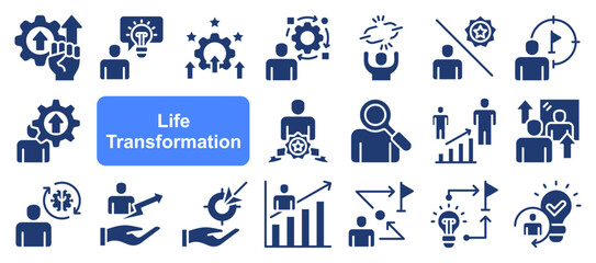 Fototapeta premium Life transformation icon collection set. Containing change, growth, development, evolution, transition, progress, metamorphosis, adaptation, renewal icon. Simple lvector illustration.