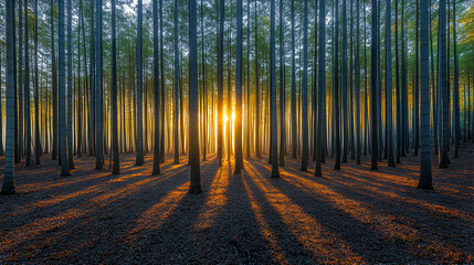 Naklejka premium Serene sunset illuminating a dense bamboo forest, casting long shadows on the forest floor. Golden hour light filters through the tall, slender bamboo stalks.