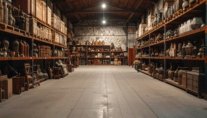 Antique Pottery and Artifacts Stored in a Warehouse Rows of Shelves Filled with Vintage Collectibles