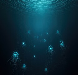 Obraz premium Whispers from the Depths - A dark, mysterious sea with luminous creatures rising from the depths.