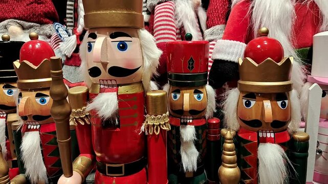 Colorful wooden nutcrackers on display at a traditional Christmas market.