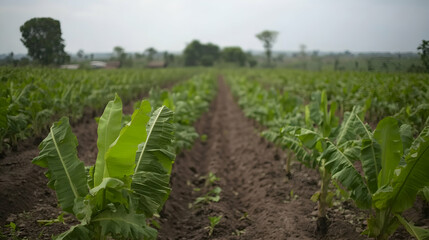 Lush green banana plantation, rows of banana plants growing in fertile soil, rural agricultural landscape.