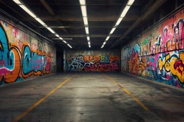 Empty underground parking with graffiti wall abstract background. Idea for artistic pop art background backdrop. Empty open space interior background