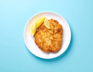 Crispy Breaded Wiener Schnitzel on a Plate with Lemon Wedges Delicious Viennese Cuisine Food Photography