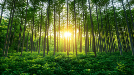 Serene bamboo forest bathed in golden sunlight, lush green undergrowth, tranquil nature scene.