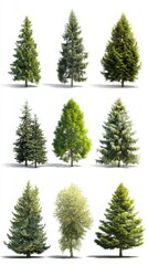 Obraz premium Diverse collection of isolated evergreen trees on a white background showcasing various shapes and sizes in a studio shot with natural light and a clean aesthetic