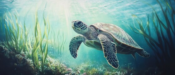 Obraz premium Serene underwater scene featuring a graceful sea turtle swimming amidst sunlit ocean waters and vibrant aquatic plants creating a peaceful marine ecosystem