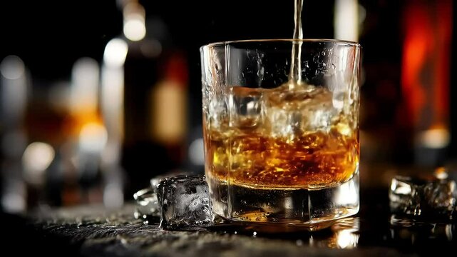 Pouring Whiskey into a Glass with Ice Cubes on Dark Bar Background
