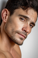 Obraz premium Pensive Gaze: A Close-Up Portrait of a Man in his Early 30s with Dark Hair and a Short, Well-Groomed Beard, Wearing a Blue Button-Down Shirt, Exuding an Air of Thoughtfulness and Introspection.