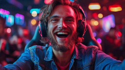 Happy bearded man in gaming headset smiling during a video game session, lit by vibrant neon lights