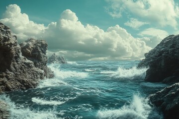Rocky coastline with crashing waves under a cloudy sky