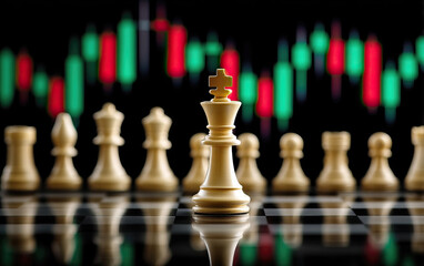 Chess king piece with financial chart background symbolizing strategy and recession impact on market trends