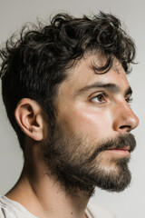 Fototapeta premium Pensive Gaze: A Close-Up Portrait of a Man in His Early 30s with Dark Hair, a Short, Well-Groomed Beard, and Wearing a Blue Button-Down Shirt, Contemplative, Thoughtful, Introspective, Serious,