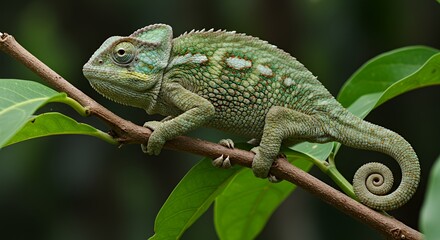 Obraz premium Stunning Green Chameleon on Branch, Vibrant Tropical Nature Photography
