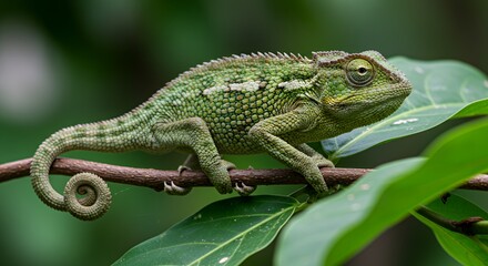 A Vibrant Green Chameleon on Lush Foliage