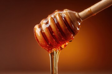 Golden honey dripping from wooden dipper in warm light against a brown background, showcasing natural sweetness, healthy food, and culinary delight for breakfast