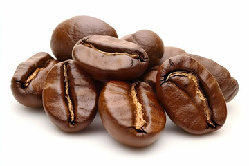 Fototapeta premium Close-up of roasted coffee beans, rich brown color, detailed texture, isolated on white background. Perfect for coffee packaging, menus, or beverage advertisements.