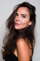 Portrait of a Woman in Her Late Twenties with Long Brown Hair, Subtle Smile, and Bare Shoulders Against a Neutral Background;  A Study in Natural Beauty and Unpretentious Elegance.