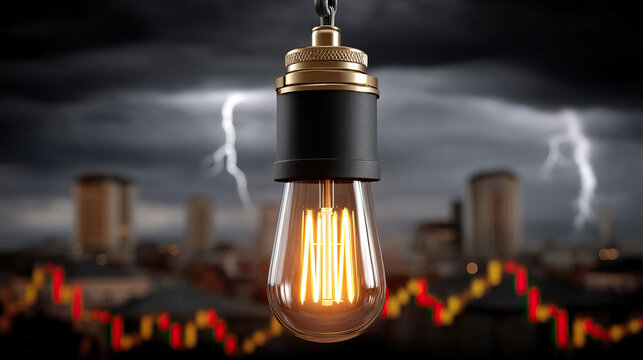 Light bulb glowing with lightning storm and recession graph background symbolizing energy and economic challenges during