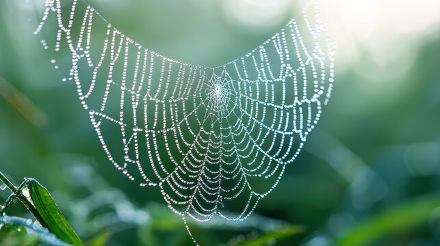 A close-up of a spiderâ€™s web covered in morning dew