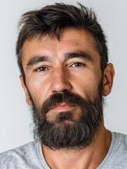 Obraz premium Intense Gaze: Portrait of a Man in his Early 40s with a Full Beard, Wearing a Blue Button-Down Shirt, Pensive Expression, Close-up Studio Shot