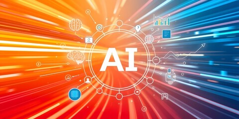 Ai Innovation Concept, Modern Technology Image. Data Streams, Computing Power. Artificial Intelligence Design With Brain Icon, Microchip Illustration. Futuristic Background With Speed Effect.