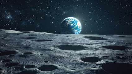 View of planet Earth from the moon's cratered surface under a star-filled sky