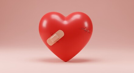 Symbolic heart with plaster on light pink surface