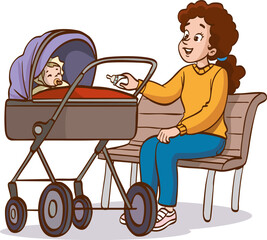 Vector illustration of a mother pushing her baby in a stroller in the park