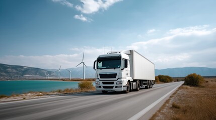 Obraz premium Lorry on a wind-powered coastal highway under midday sun