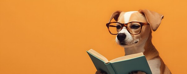 A smart dog attentively reads a book while wearing glasses