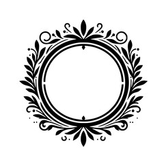 Elegant Black Circular Frame with Ornate Floral Border on White Background - Classic Decorative Emblem