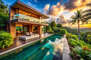 Modern Tropical Villa Infinity Pool Lush Greenery Paradise Architectural Design Stock Photo